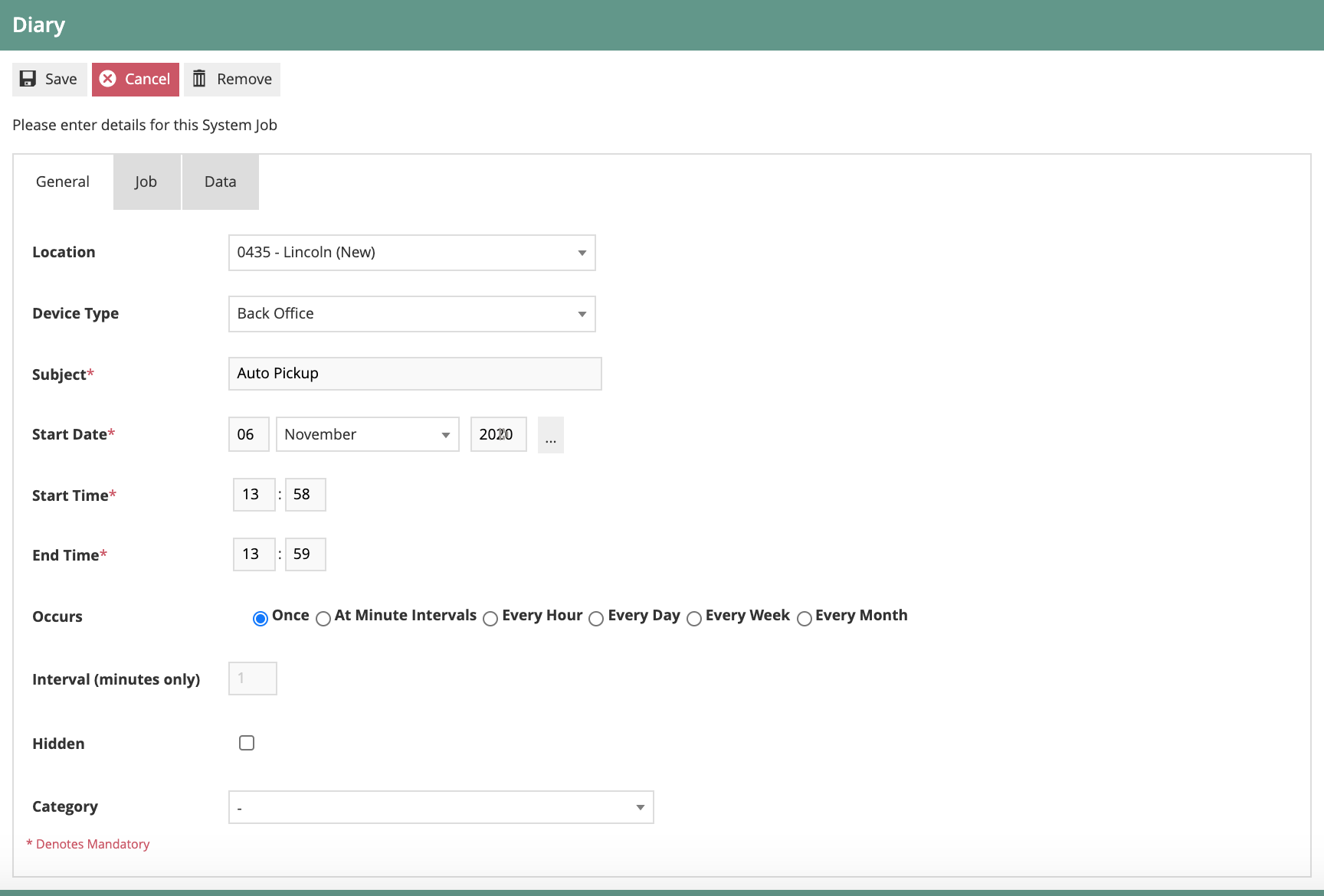 Diary entry General tab showing Location set to 0435 Lincoln, Device Type Back Office, Subject Auto Pickup, with date and time fields configured