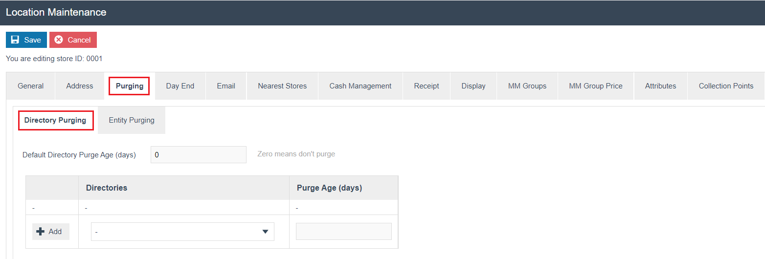 Location Maintenance - Purging tab - Directory Purging sub-tab