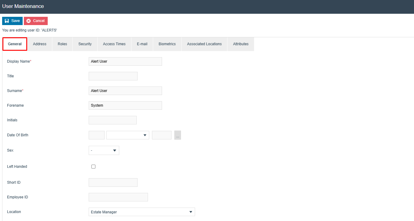 User Maintenance General tab for the ALERTS user. Display Name is set to Alert User, Surname is set to Alert User, Forename is System, Locale is English (UK).