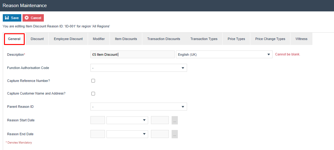 Reason Maintenance General tab for Item Discount ID-001. Description is set to 5 Item Discount. Multiple configuration tabs are visible.