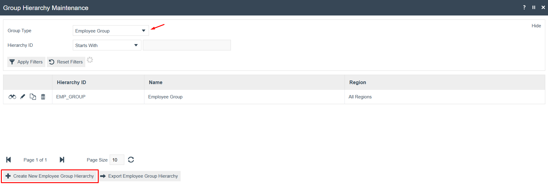 Group Maintenance screen with Employee Group type selected and Create New Employee Group Hierarchy button visible.