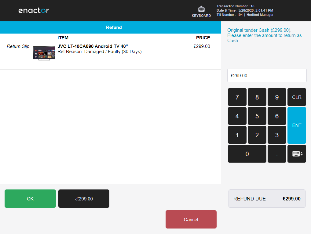 POS cash tender entry screen. 299.00 GBP is shown in the amount field and the OK button is highlighted.