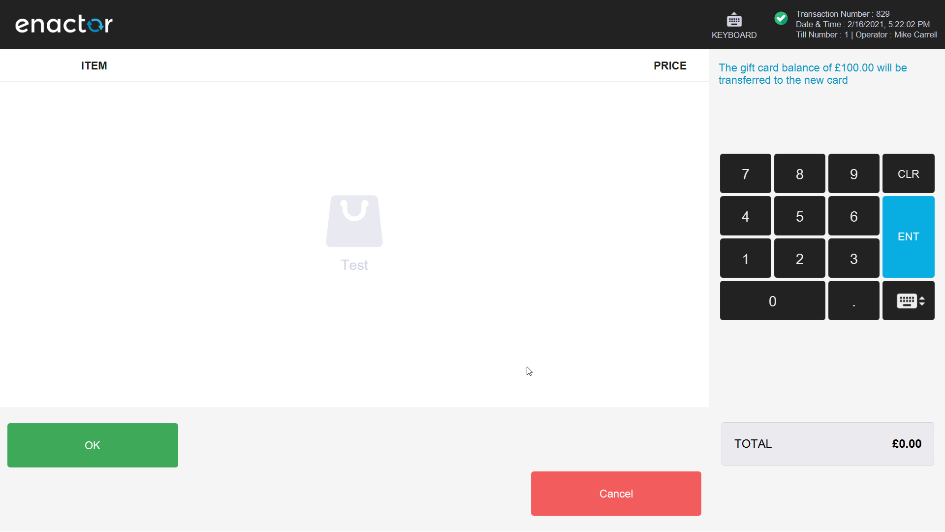 POS Gift Card Merge confirmation screen showing the source and destination card numbers and balance to transfer.