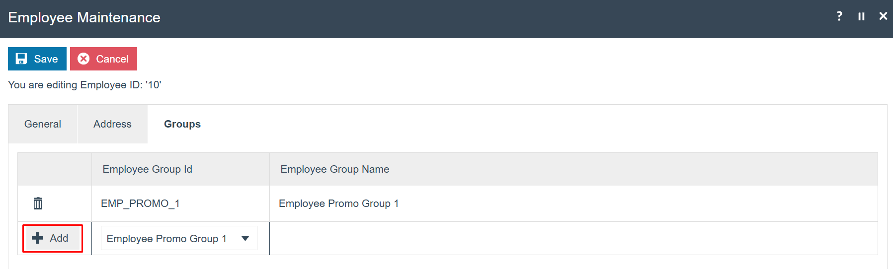 Employee Maintenance Groups tab showing Employee Group dropdown and a list of assigned groups.