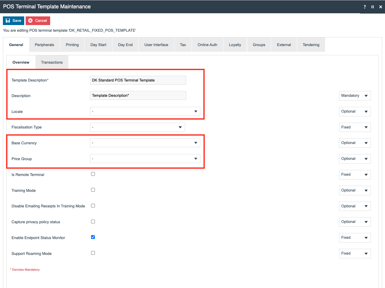 POS Terminal Template General Overview sub-tab
