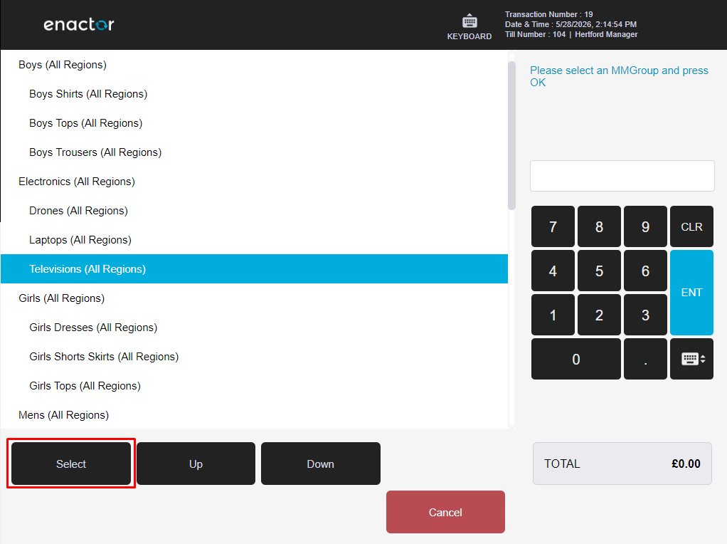 POS MMG group selection screen. Televisions is highlighted from the available merchandise group list.