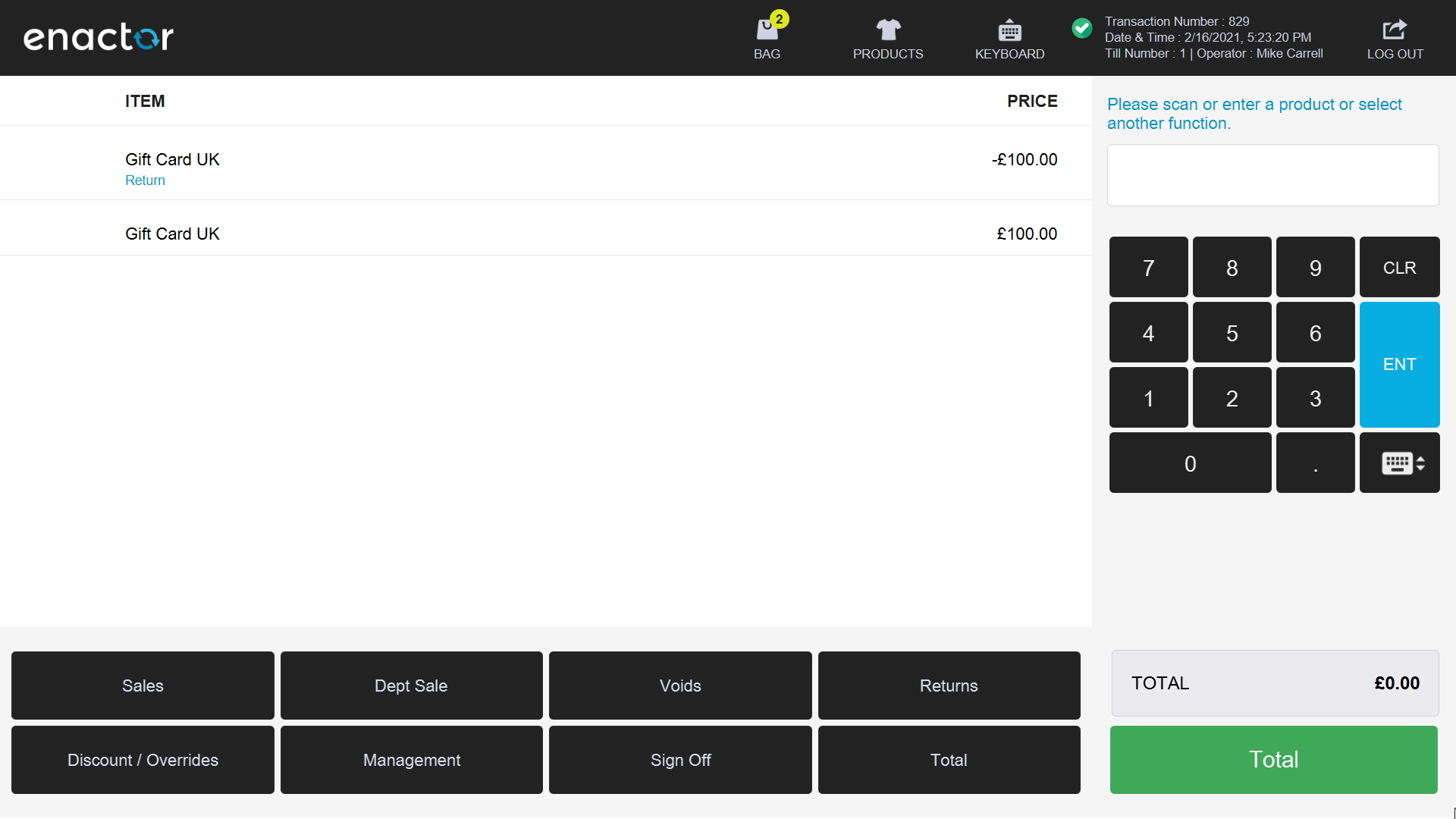 POS screen showing the Gift Card Merge item added to the transaction with a Total button.