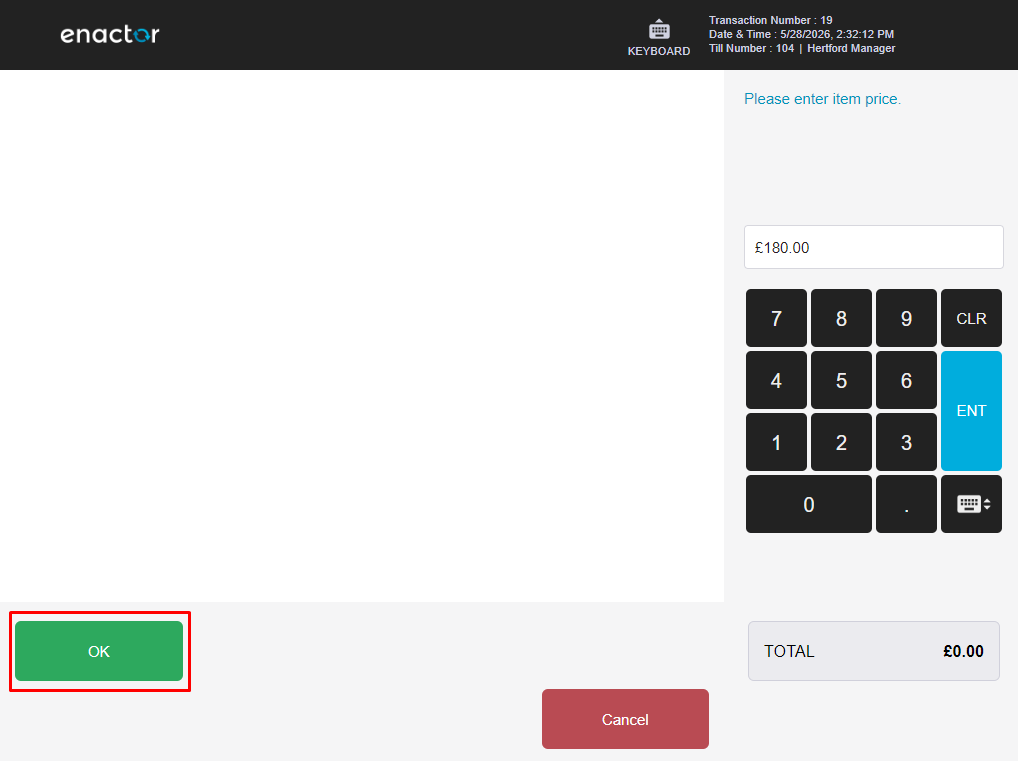 POS MMG price entry screen. 180.00 GBP has been entered as the item price.