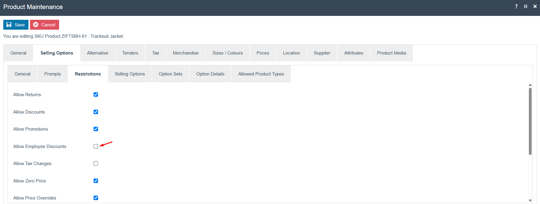 Product Maintenance Selling Options Restrictions tab showing Allow Employee Discounts checkbox.