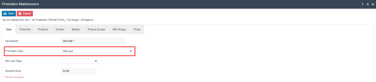 Promotion Maintenance Item Set Type tab with Promotion Type set to Gift Card. Gift Card Type dropdown and Reward Value of 0.00 are shown.