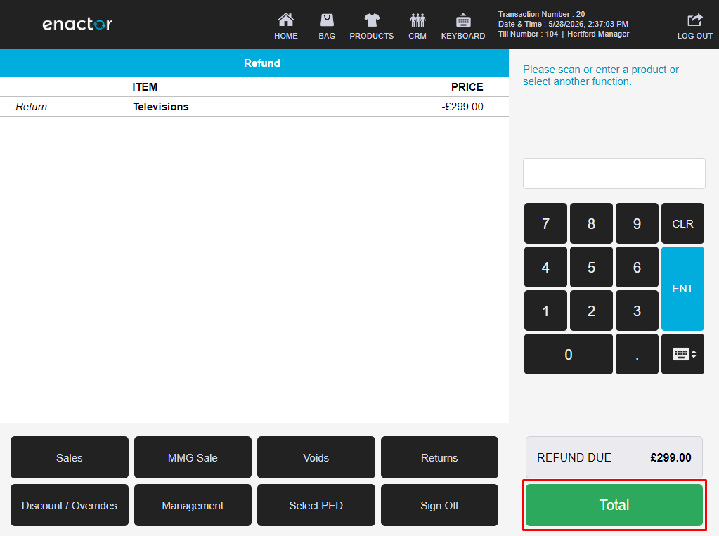 POS MMG return refund screen. Televisions return of -299.00 GBP is shown. REFUND DUE is 299.00 GBP and the Total button is highlighted.