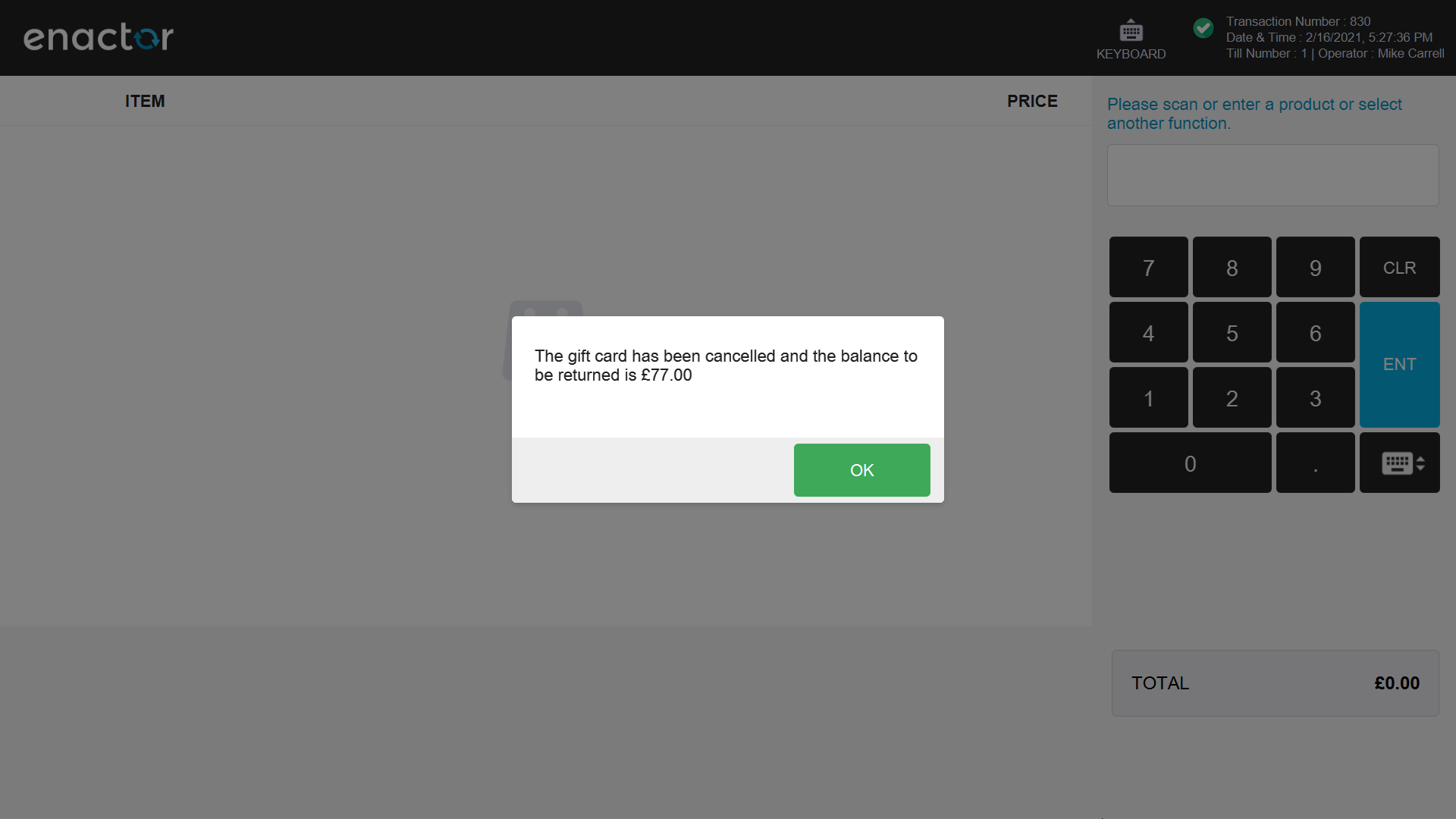 POS Gift Card Cancel confirmation screen showing the card number and balance.