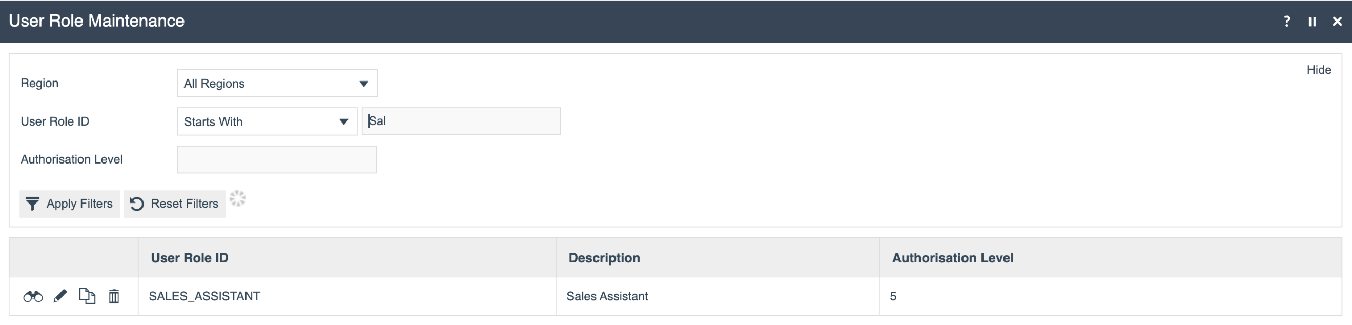 User Roles list filtered by region