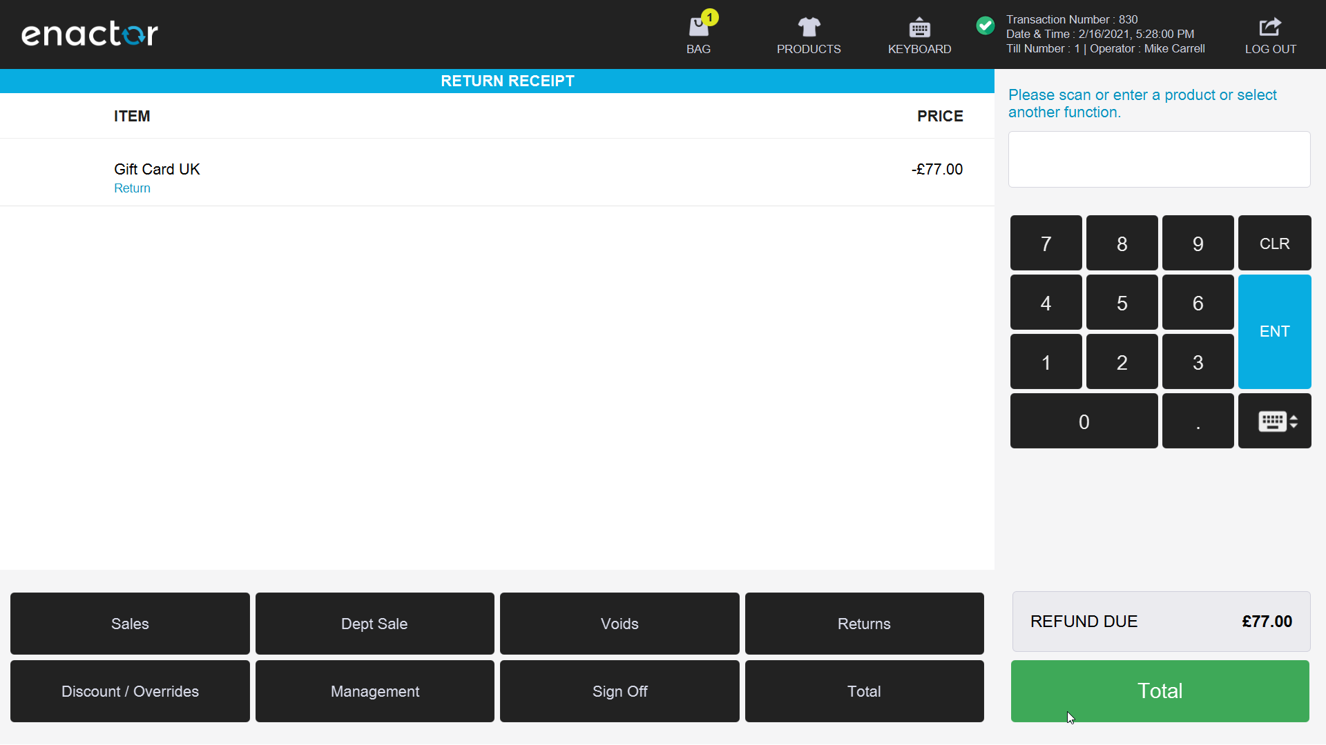 POS screen showing the cancelled gift card balance as a credit item with the Total button.