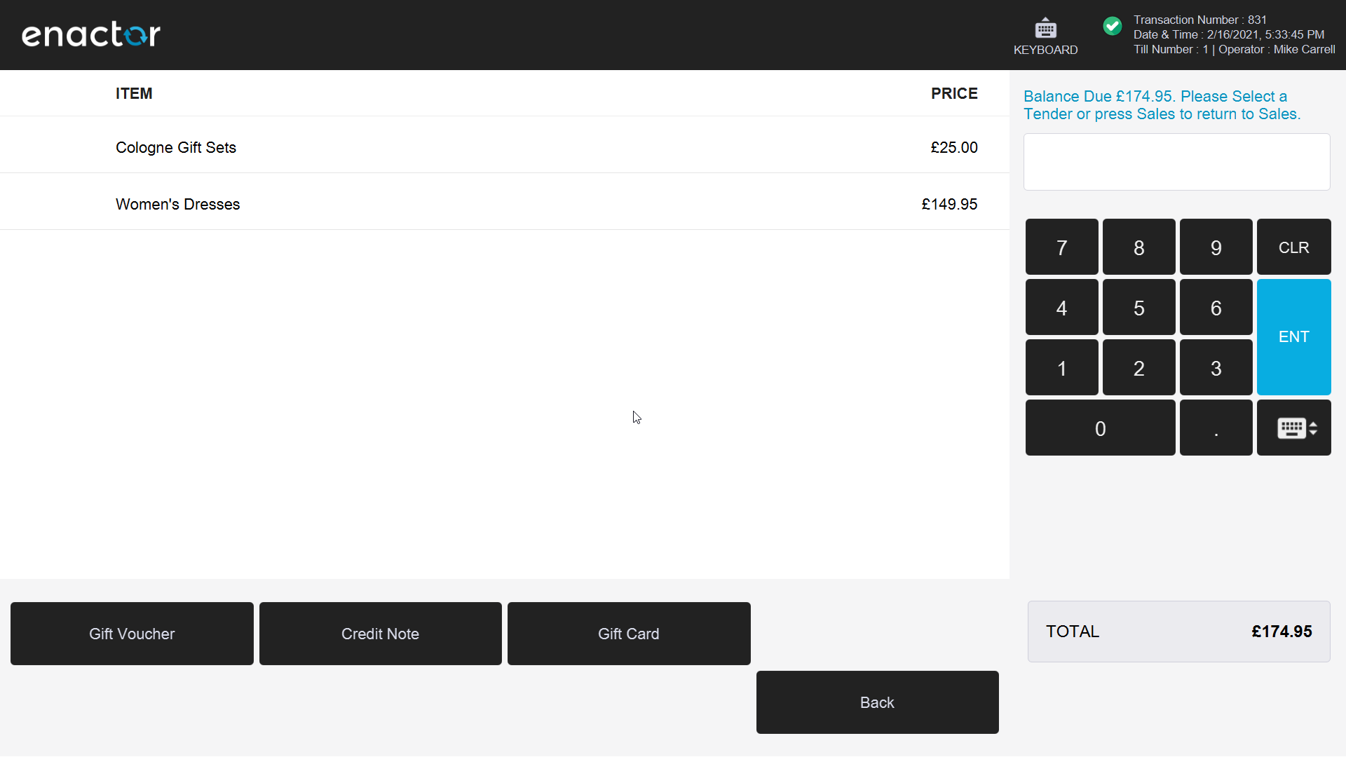 POS basket screen with items showing the Total button to enter tender mode.