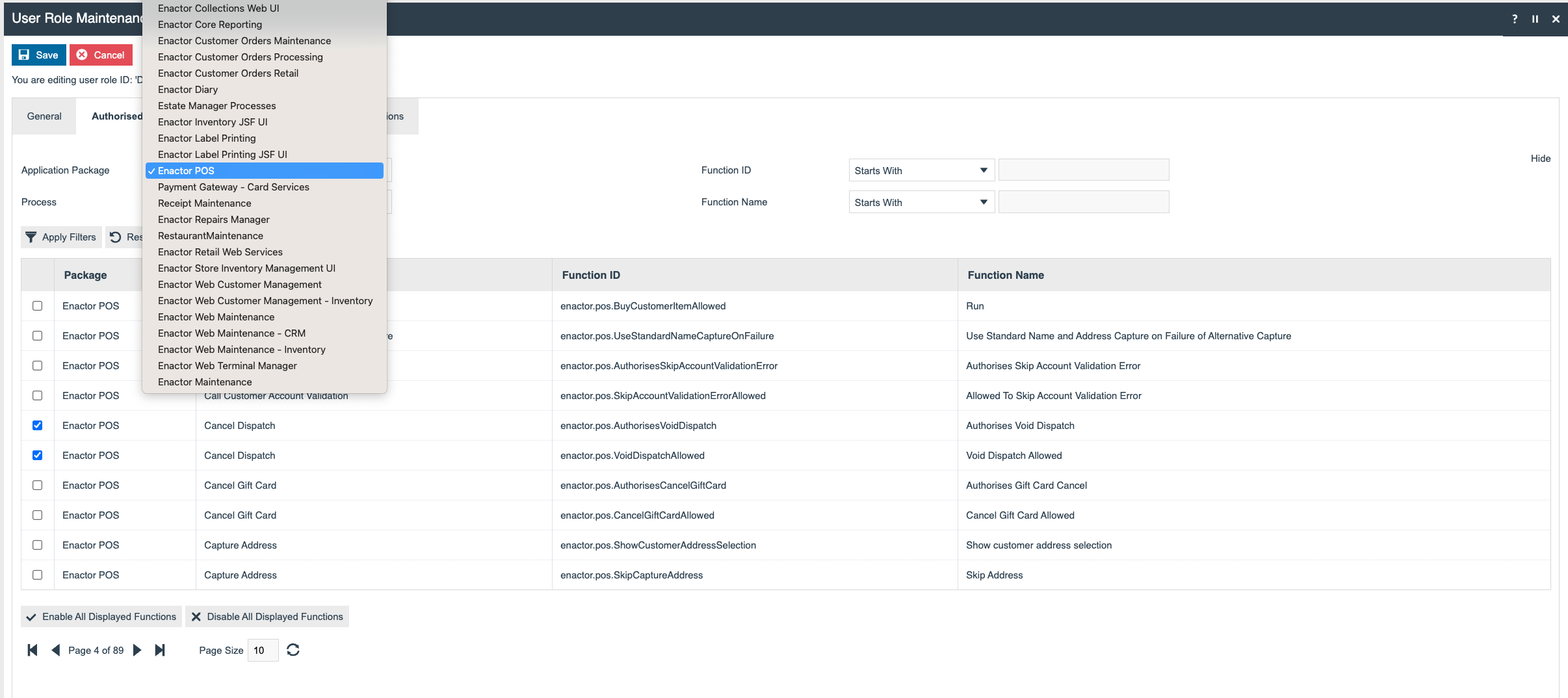 User Role Authorised Function tab