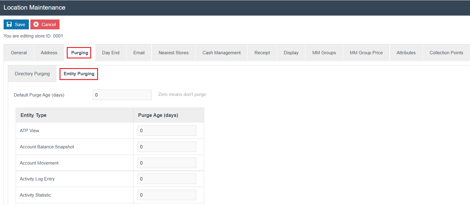 Location Maintenance - Purging tab - Entity Purging sub-tab