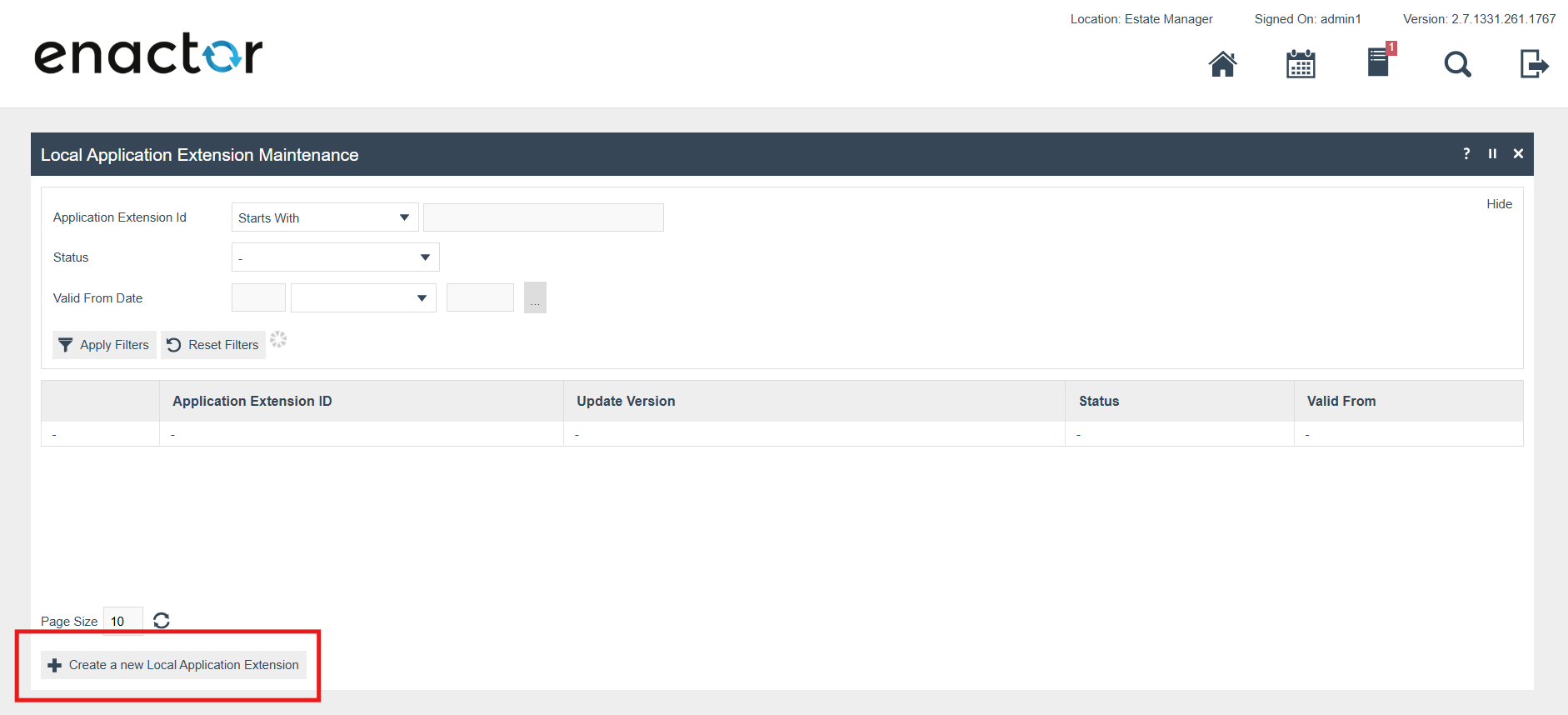 Local Application Extension Maintenance list page with the Create a new Local Application Extension button highlighted