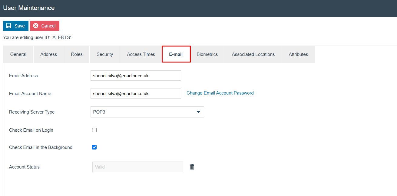 User Maintenance Email tab for the ALERTS user. Email Address and Email Account Name are both set to support@enactor.co.uk. Check Email in the Background is checked. Account Status shows Invalid.
