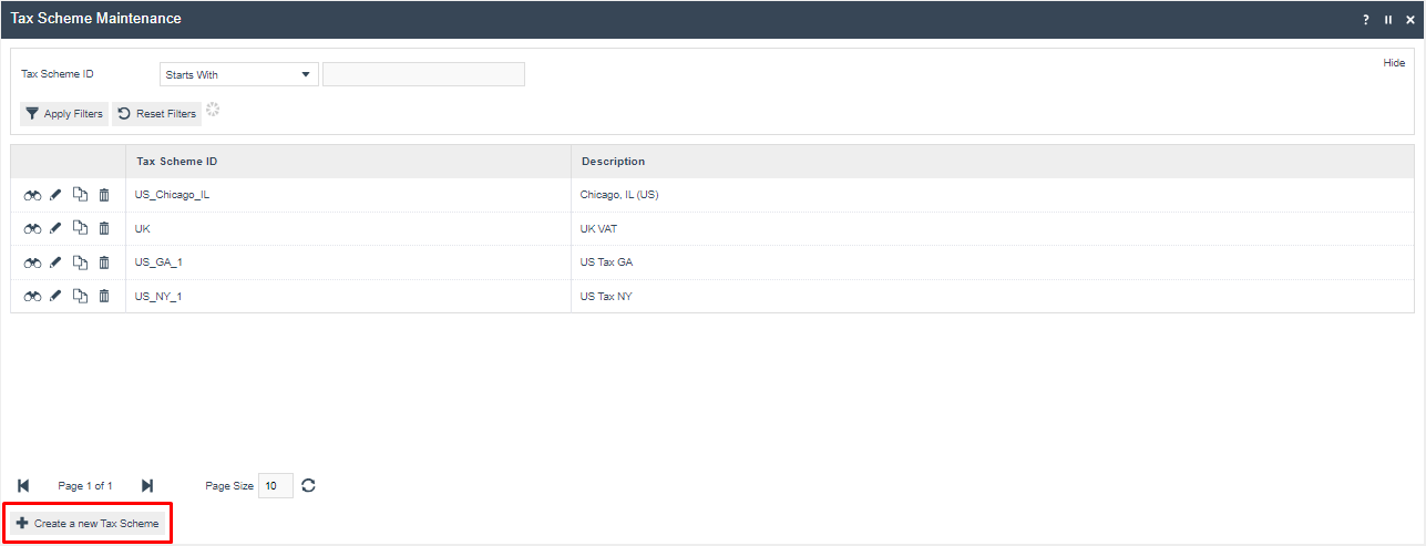 screenshot: Tax Scheme Maintenance list