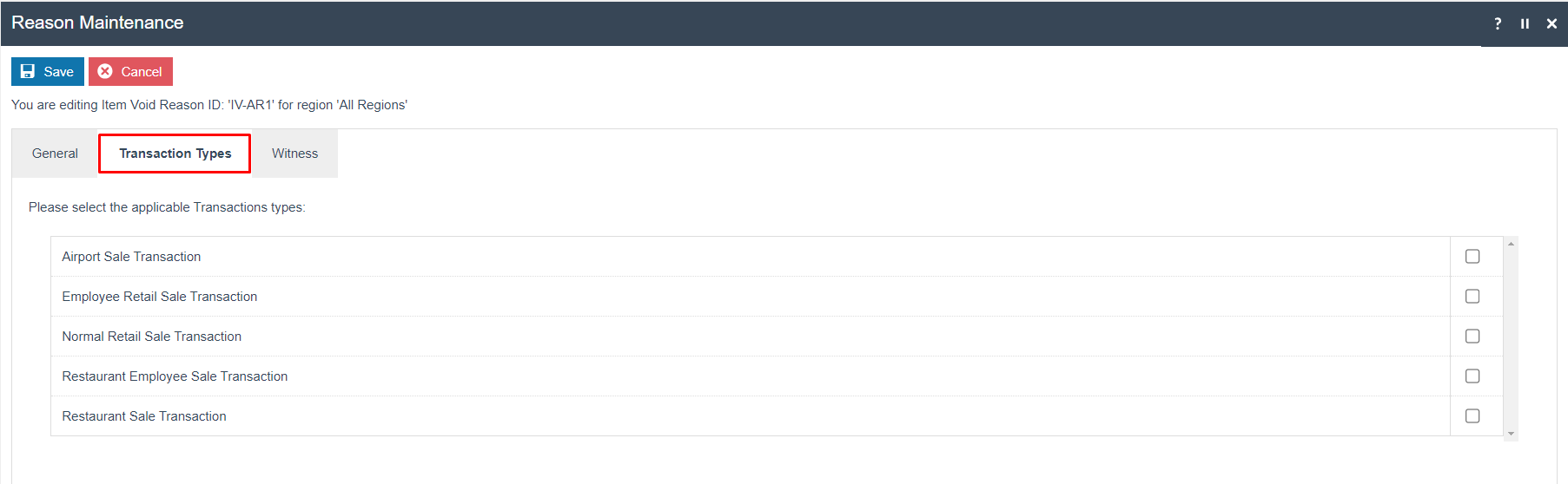 Reason Maintenance Transaction Types tab for IV-AR1 showing all transaction types unchecked, meaning the reason applies to all transaction types.