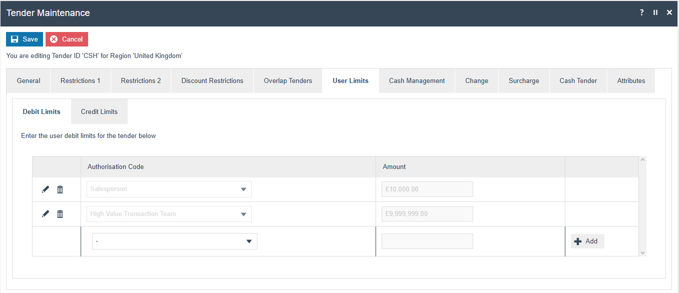 Tender Maintenance User Limits tab showing debit limit rules with Function Authorisation codes and maximum values configured for different user levels