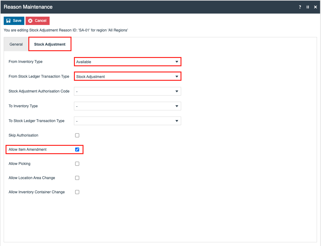 Reason SA-01 Stock Adjustment Tab