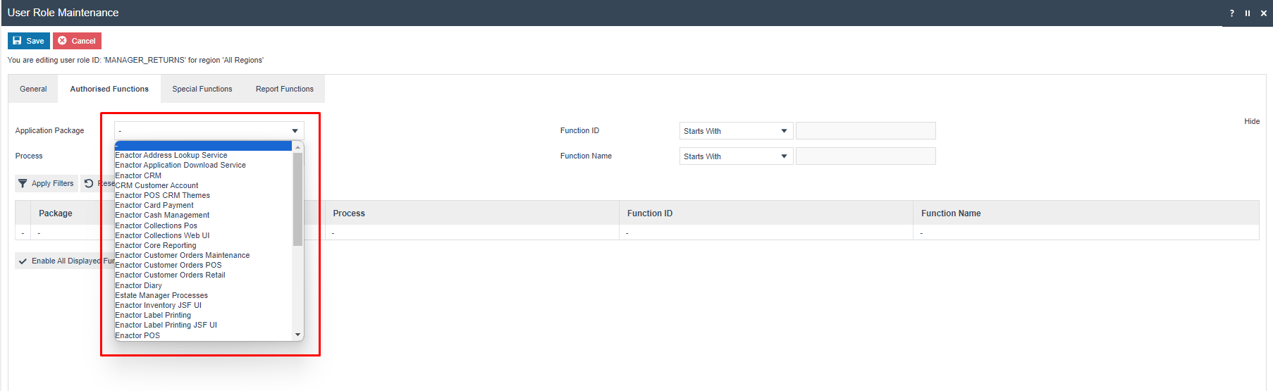 User Role Maintenance Authorised Functions tab for MANAGER_RETURNS showing the Application Package dropdown with all available packages listed.