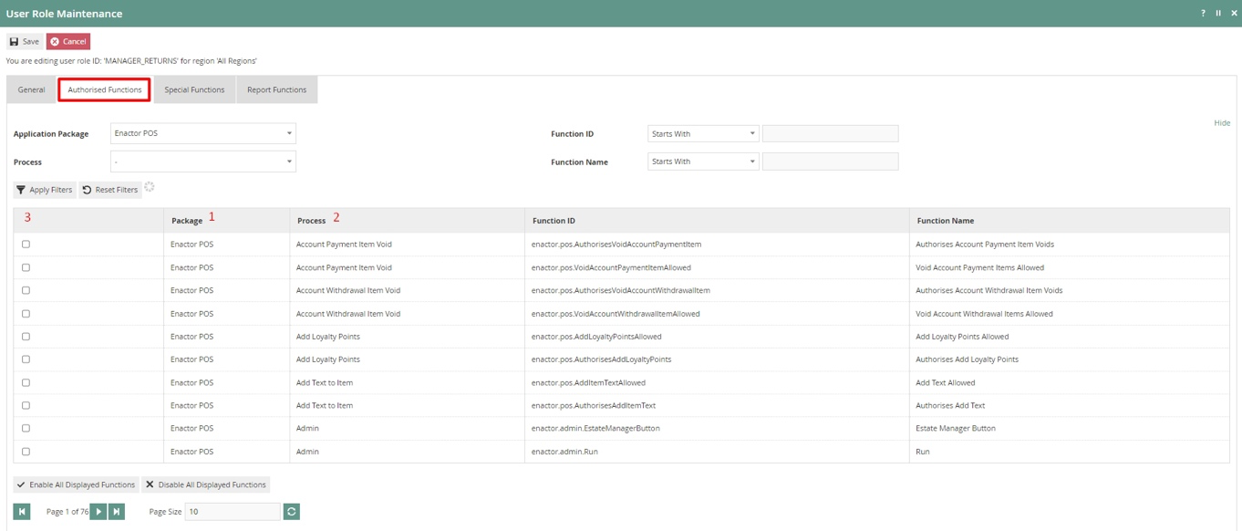 Authorised Functions Tab
