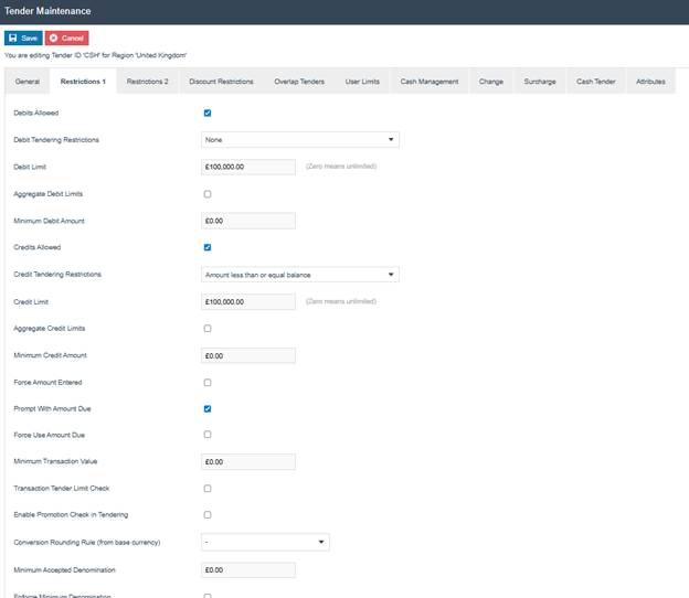 Tender Maintenance Restrictions 1 tab. Debits Allowed and Credits Allowed are both checked. Credit Tendering Restrictions is set to Amount less than or equal balance. Prompt With Amount Due is checked.