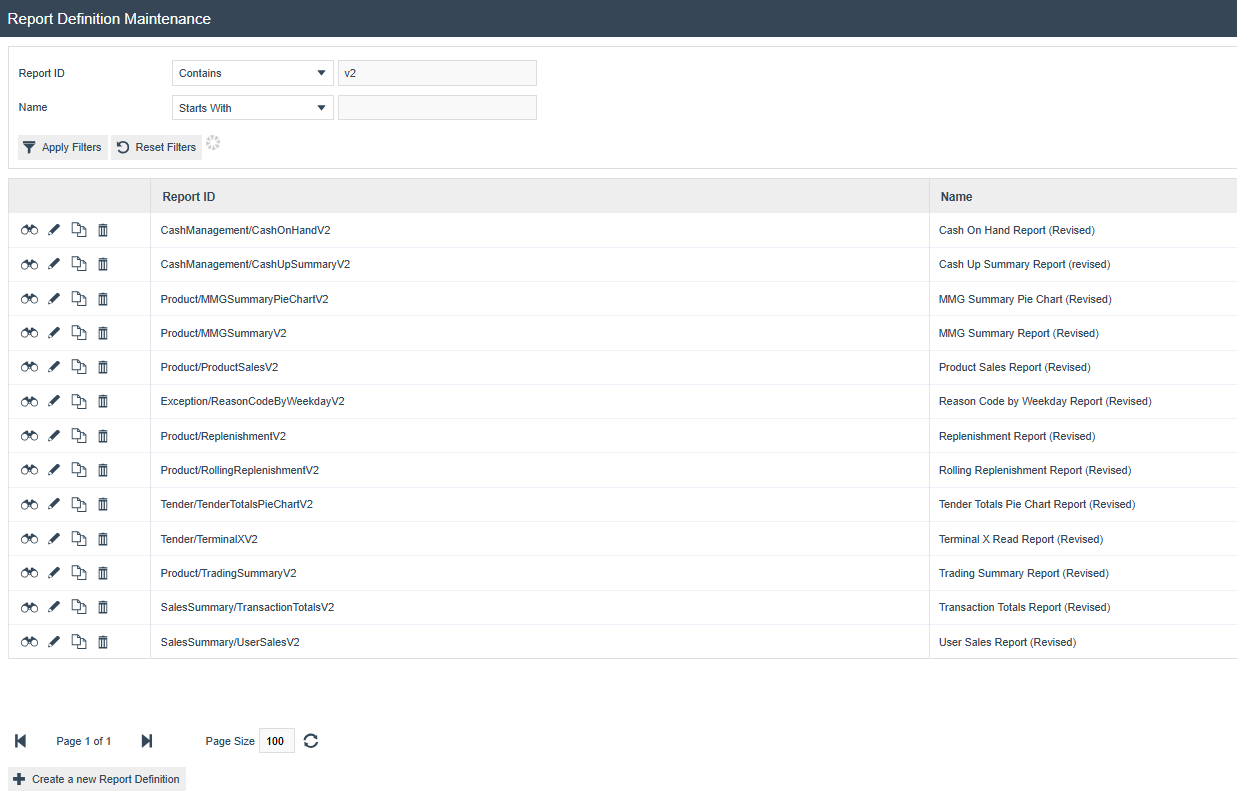 Report Definition Maintenance screen filtered by 'v2' in the Report ID field. 13 enhanced V2 report definitions are listed, including CashManagement/CashOnHandV2, Product/ProductSalesV2, and Tender/TerminalXV2, each showing a Revised name.