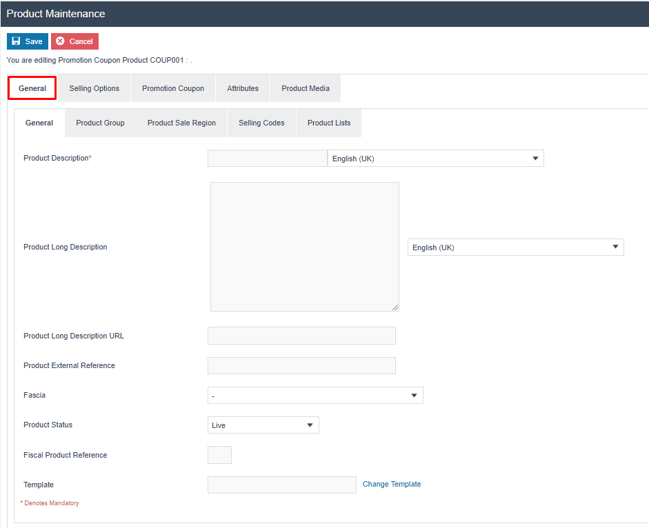 General tab of the Promotion Coupon Product editing screen, showing standard product fields.