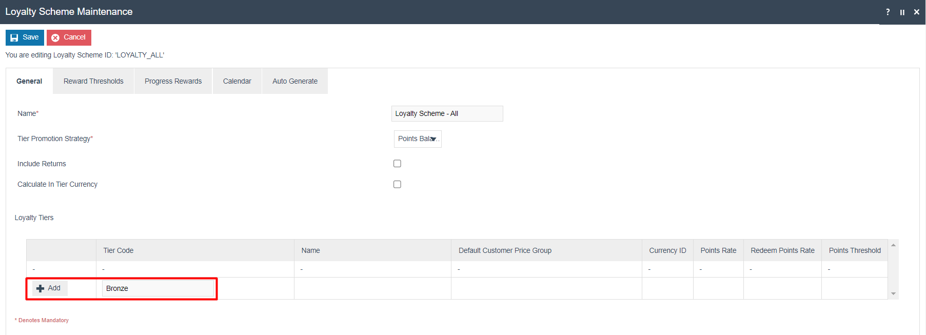 Loyalty Scheme General tab showing a Tier Code field with an Add button to create a new Loyalty Tier.