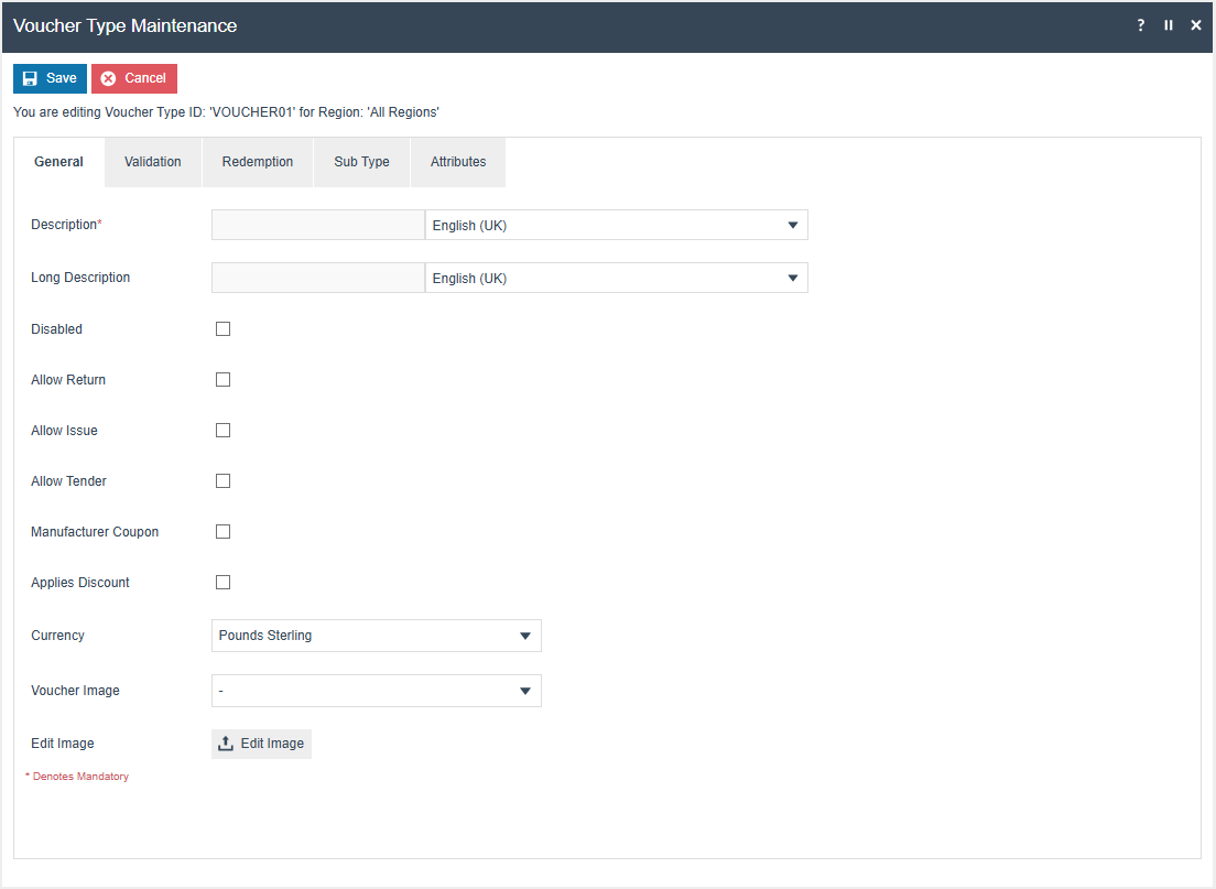 Voucher Type Maintenance General tab showing Description, Long Description, Allow Issue, and Voucher Image fields
