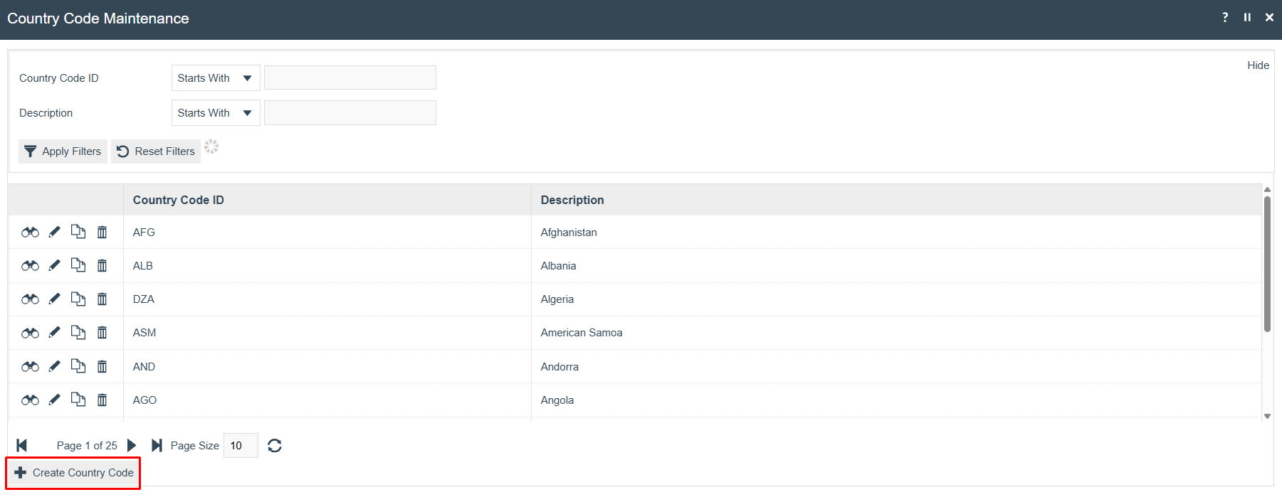 Country Codes list page with the Create Country Code option