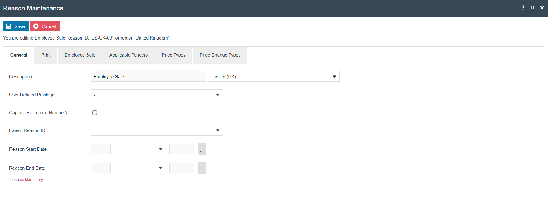 Employee Sale Reason General tab showing standard reason configuration fields.