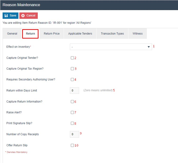 Reason Maintenance Return tab for IR-001. Shows inventory effect and return configuration settings.