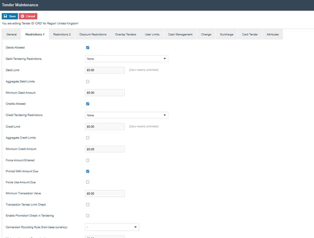Tender Maintenance Restrictions 1 tab. Debits Allowed and Credits Allowed are checked. Prompt With Amount Due is checked. Debit and Credit Limits are set to 0.00.