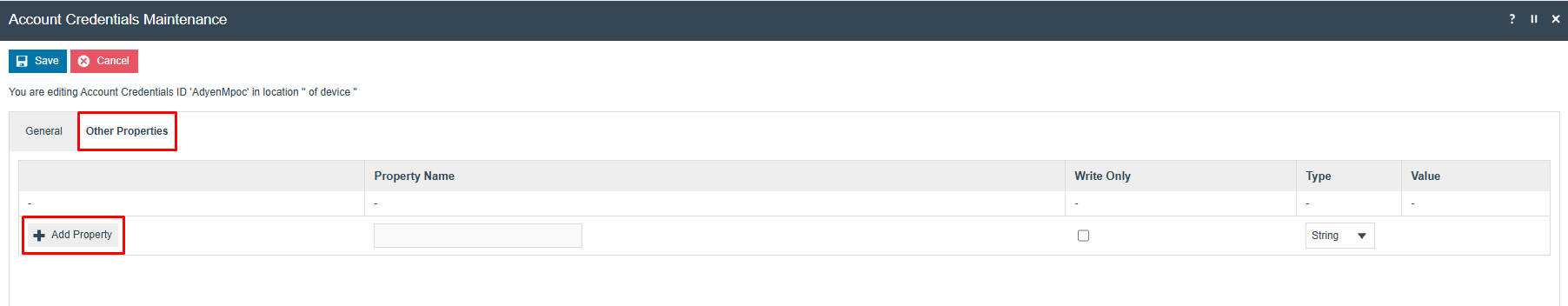 Account Credentials Maintenance Other Properties tab for AdyenMpoc. The properties list is empty with an Add Property button available.