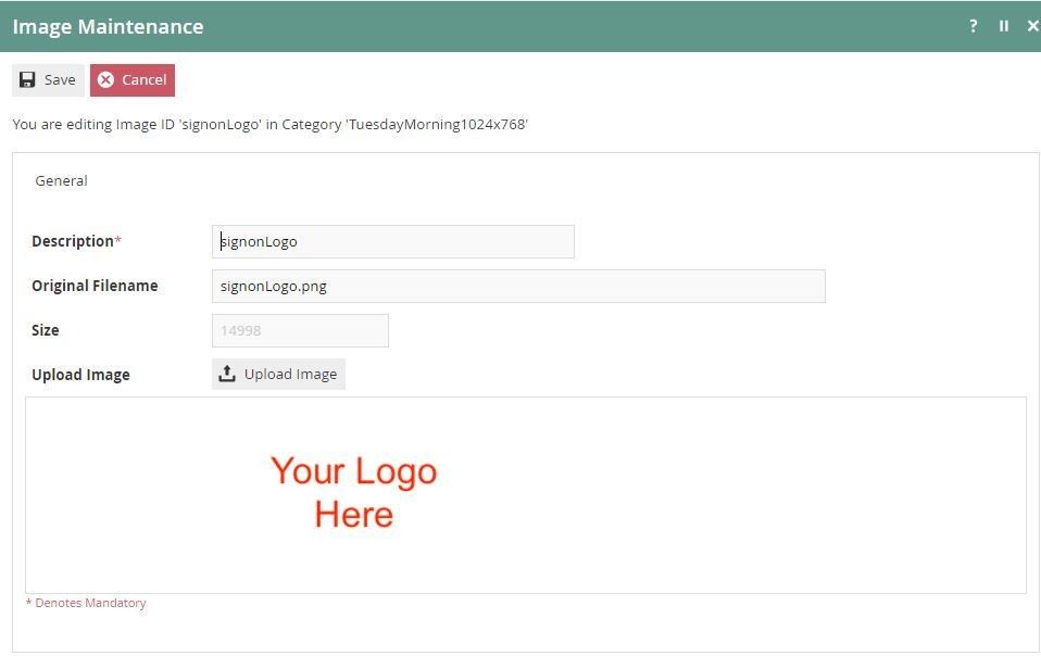 Image Maintenance screen after saving the uploaded image