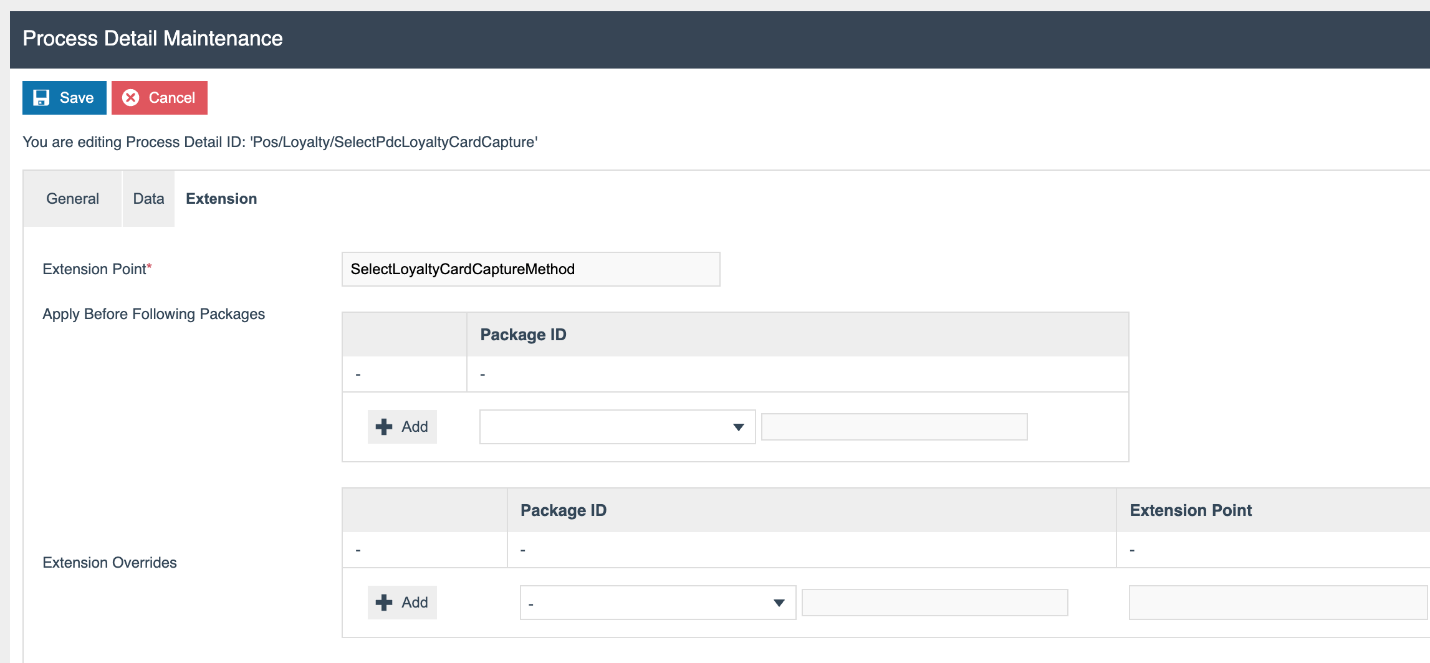 Process Detail Maintenance Extension tab showing Extension Point set to SelectLoyaltyCardCaptureMethod