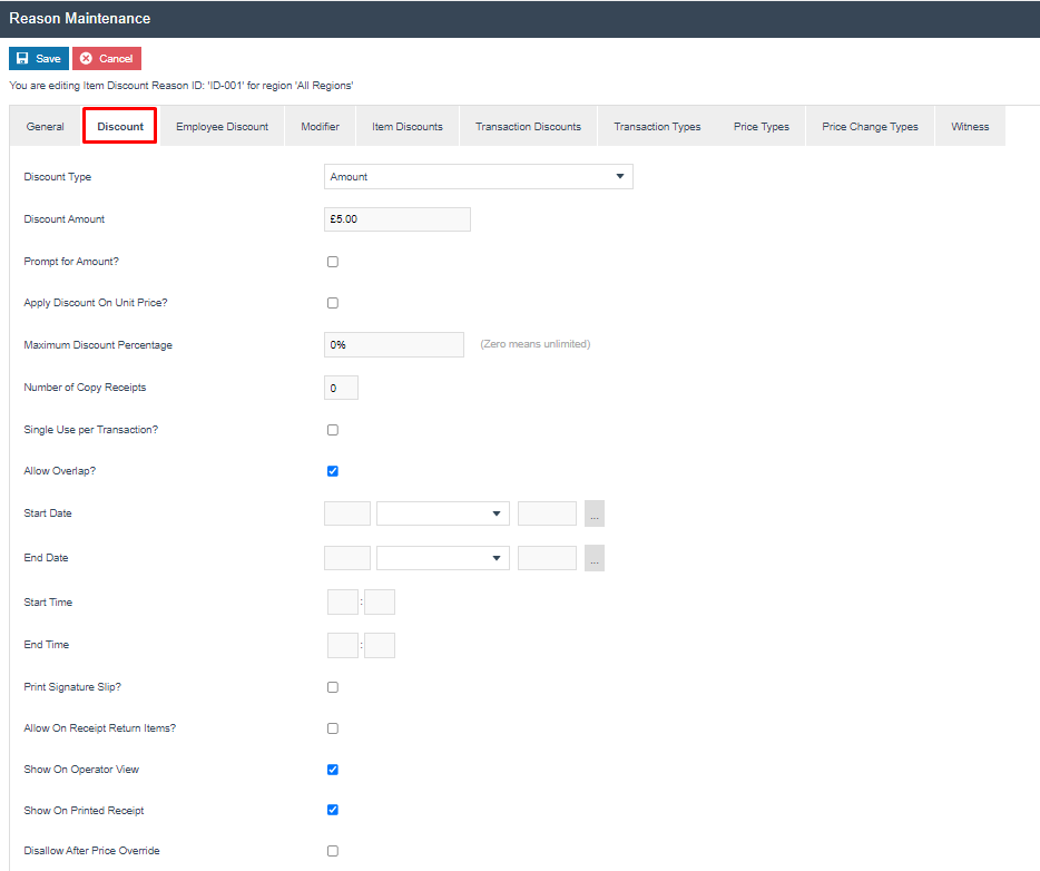 Reason Maintenance Discount tab for Item Discount ID-001. Discount Type is Amount, Discount Amount is 5.00, Allow Overlap, Show On Operator View, and Show On Printed Receipt are all checked.