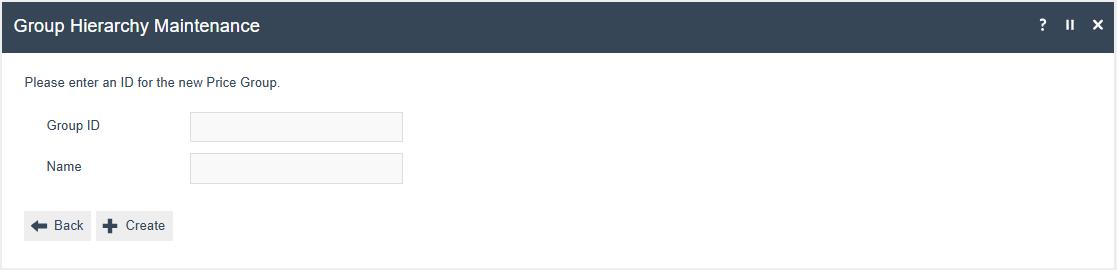 Add Price Group page with Group ID and Name fields for specifying the new Price Group
