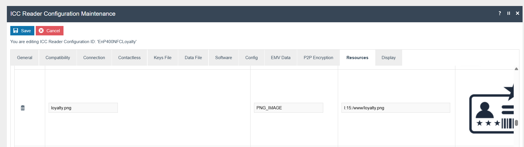 ICC Reader Configuration Maintenance Resources tab showing loyalty.png with Resource type PNG_IMAGE and Deployment path I:15:/www/loyalty.png.