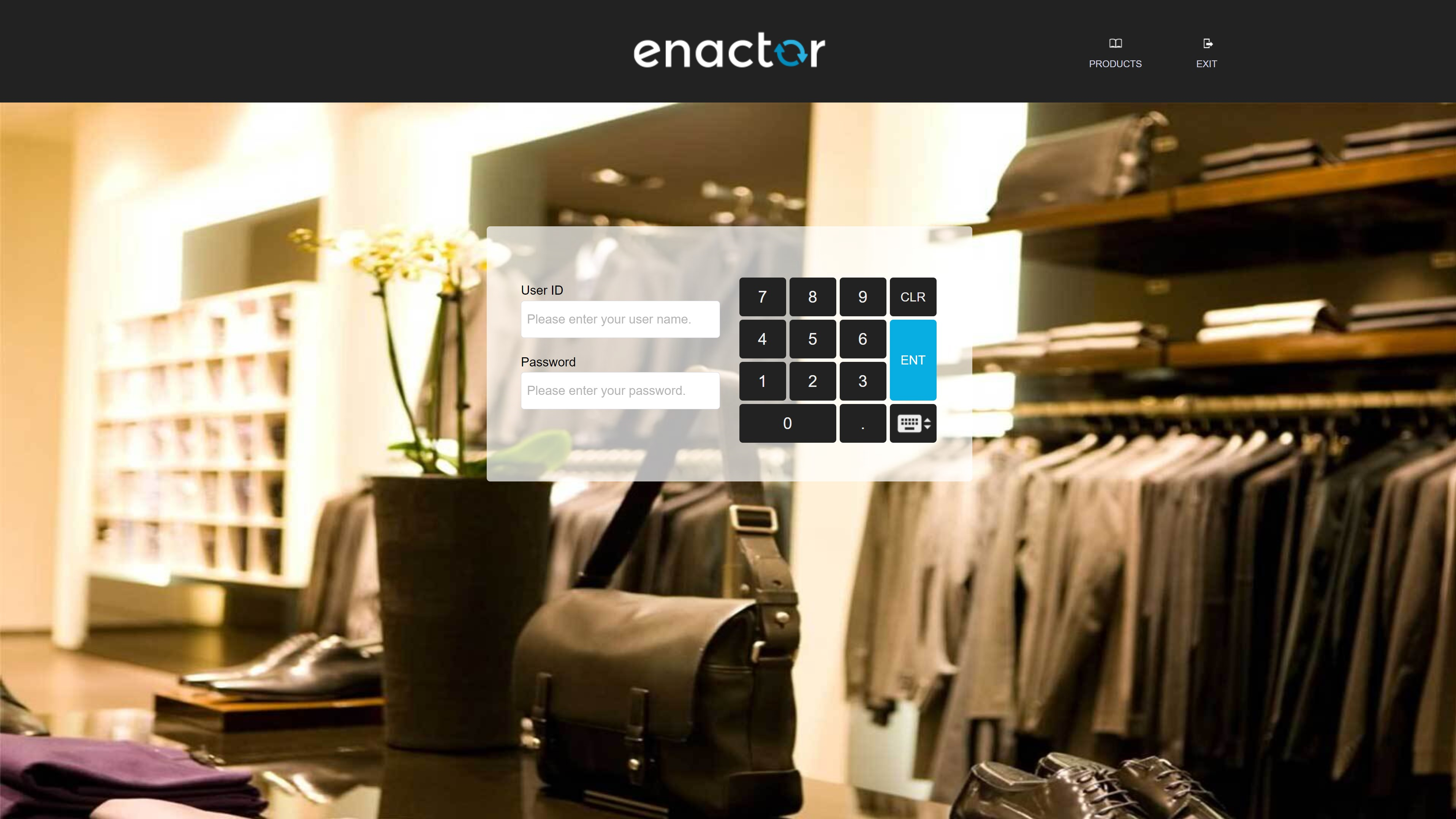 Enactor POS login screen showing the username and password entry fields