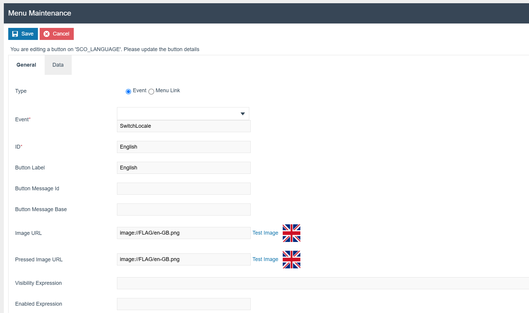 Menu Maintenance General tab with Event set to SwitchLocale, ID and Button Label set to English, and Image URL showing the UK flag