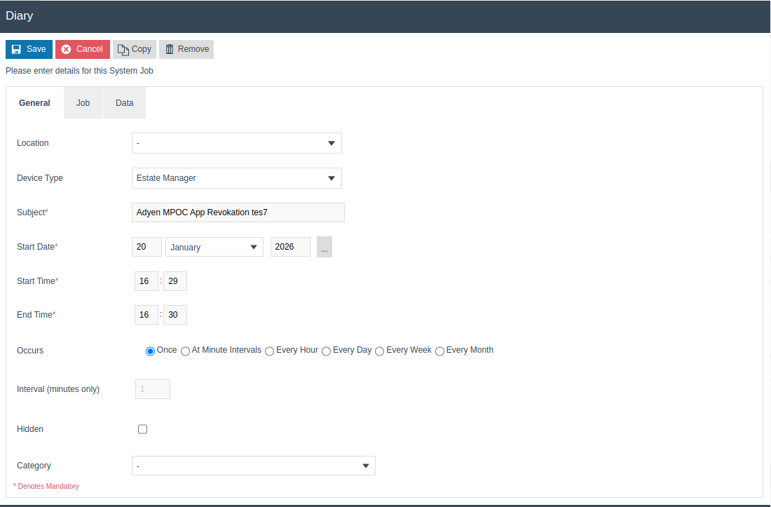 Diary Entry Maintenance General tab with Device Type set to EstateManager and Subject set to Adyen MPOC Revocation Job.