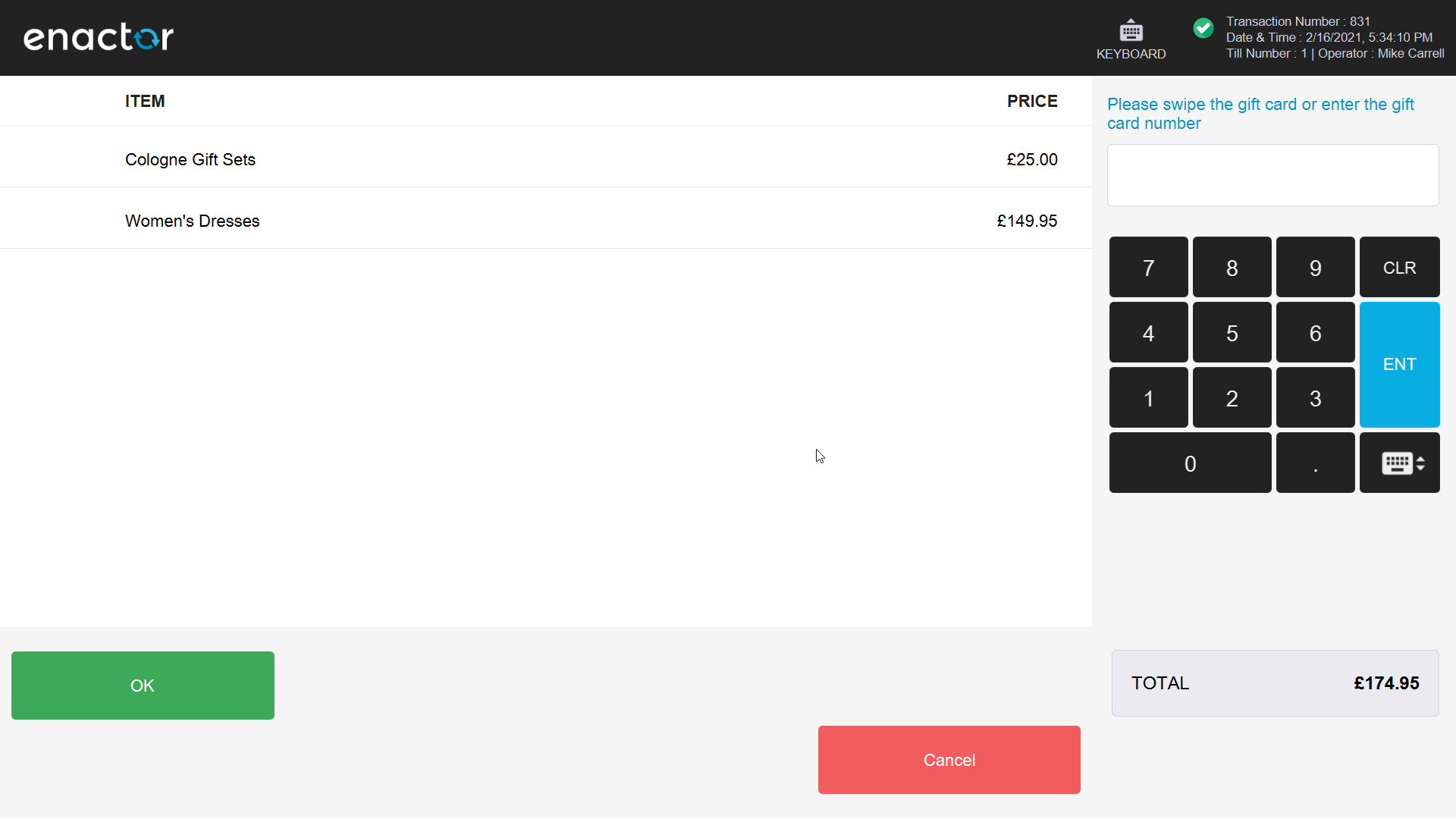 POS tender menu showing the Gift Card tender button alongside other tender options.