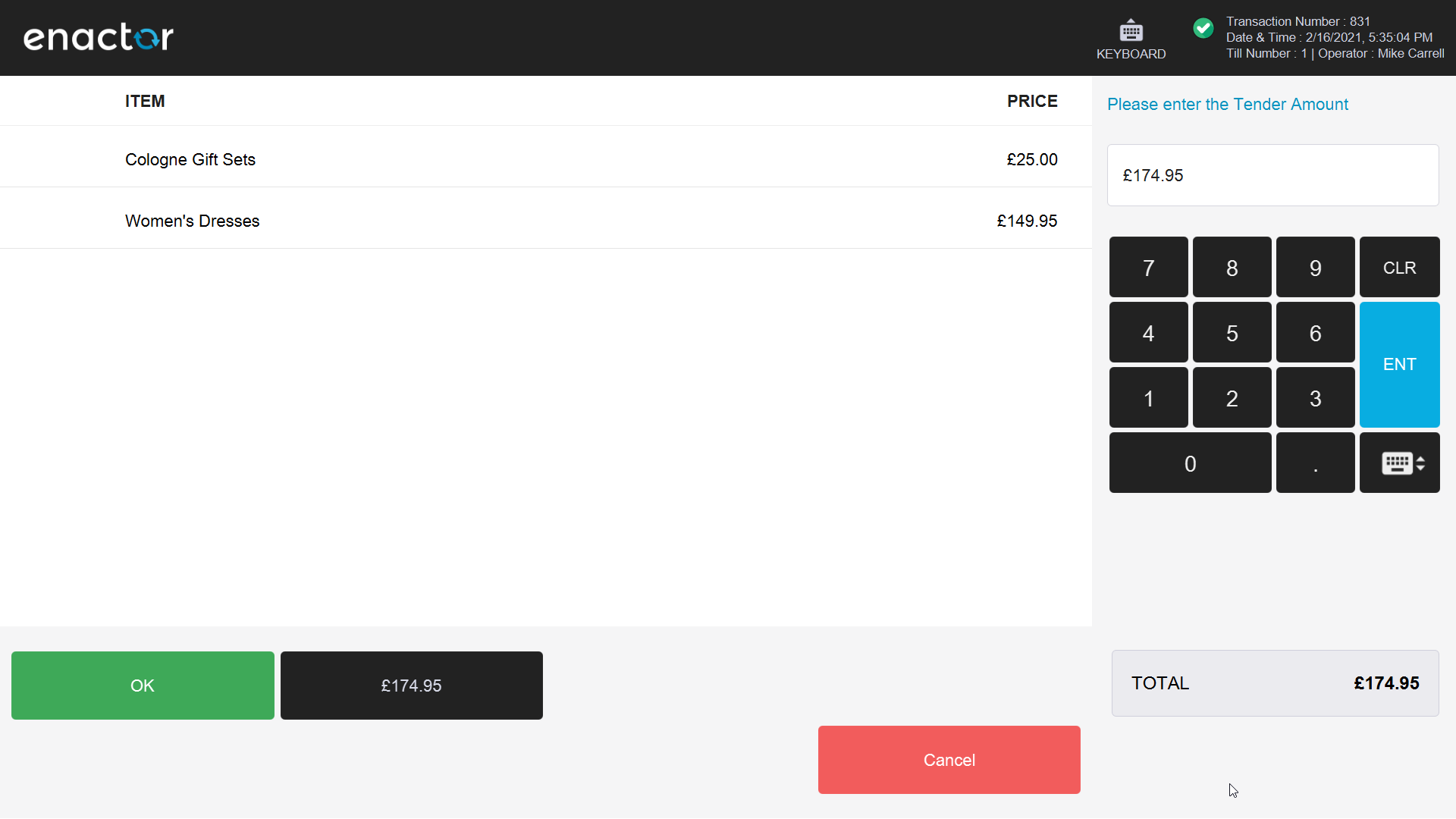 POS screen prompting for gift card number entry during tendering.