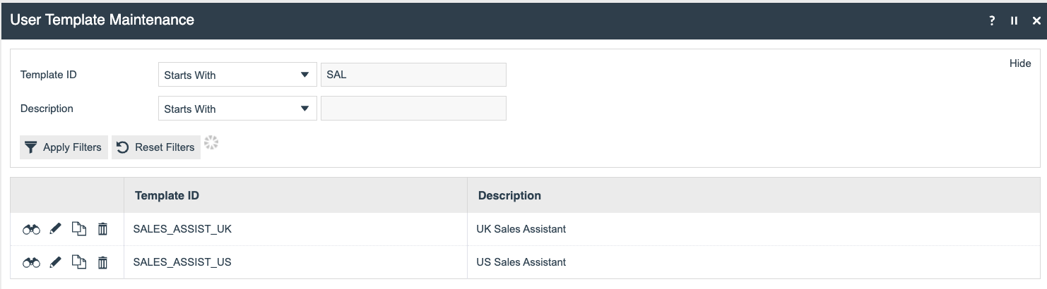 User Templates list page